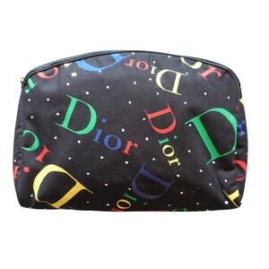 Vintage Christian Dior Makeup Bag Black Rainbow Logo Cosmetic Travel Pouch Retro